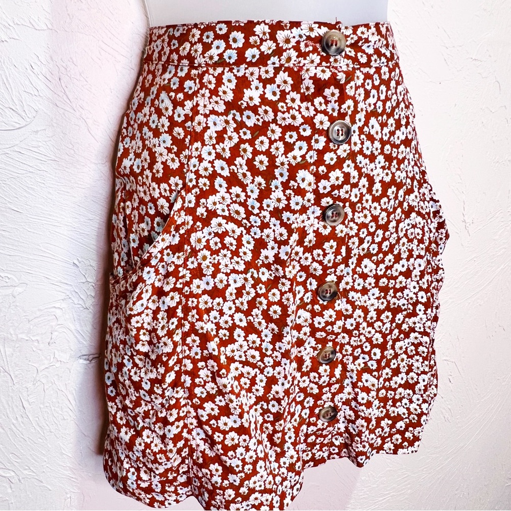 Rust Floral Mini Button Down Skater Skirt Womens 9 Floaty Casual Fall - Picture 4 of 8